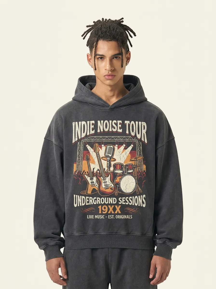 Men's Indie Rock Music Lover Guitar Drum Printed Hoodie