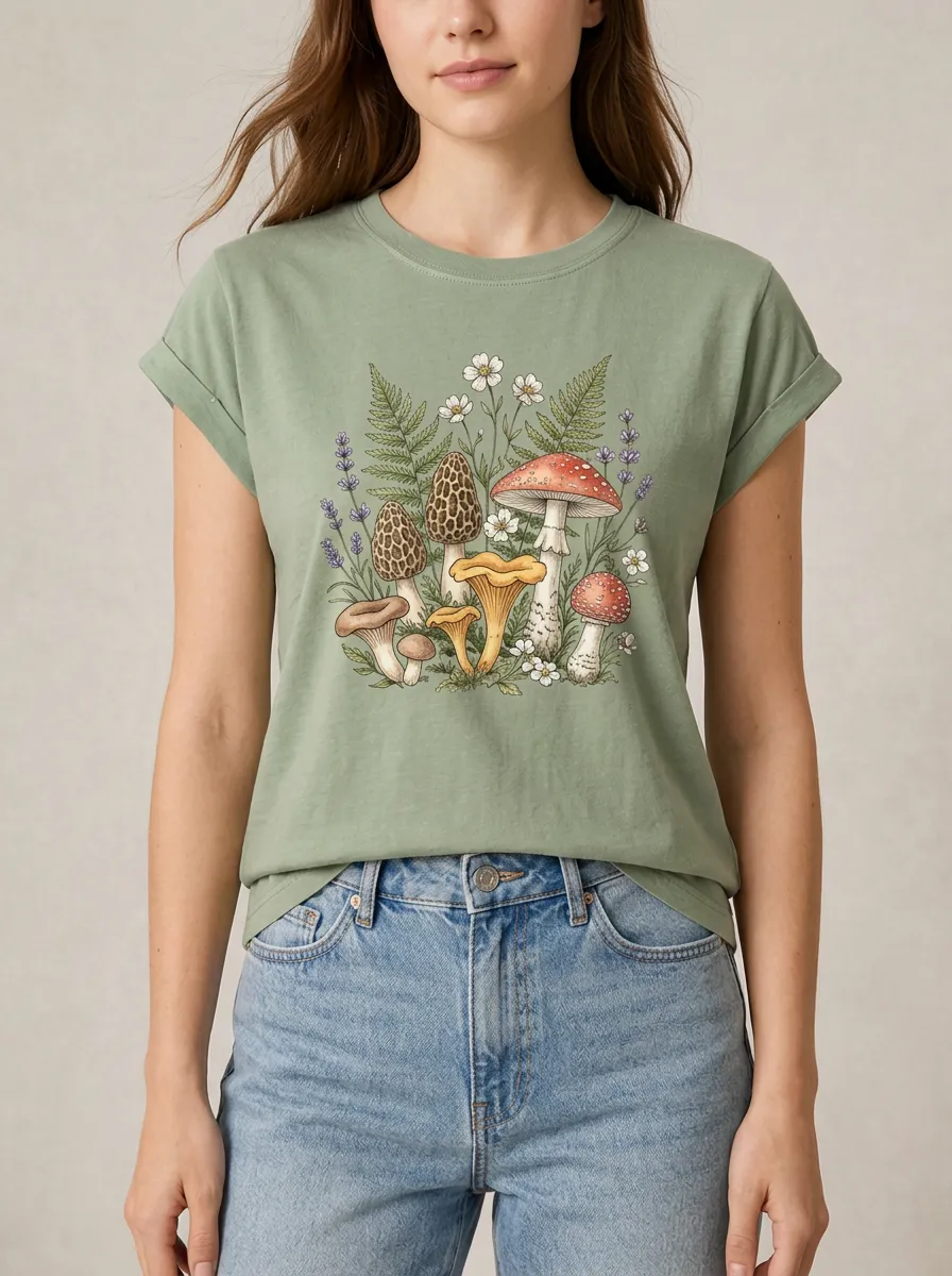 Women's Mushroom Graphic Crewneck T-Shirt Crewneck