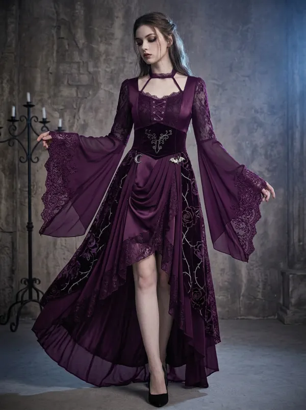 Women's Gothic Rose Moon Bat Printed Lace Flare Sleeve Mini Dress