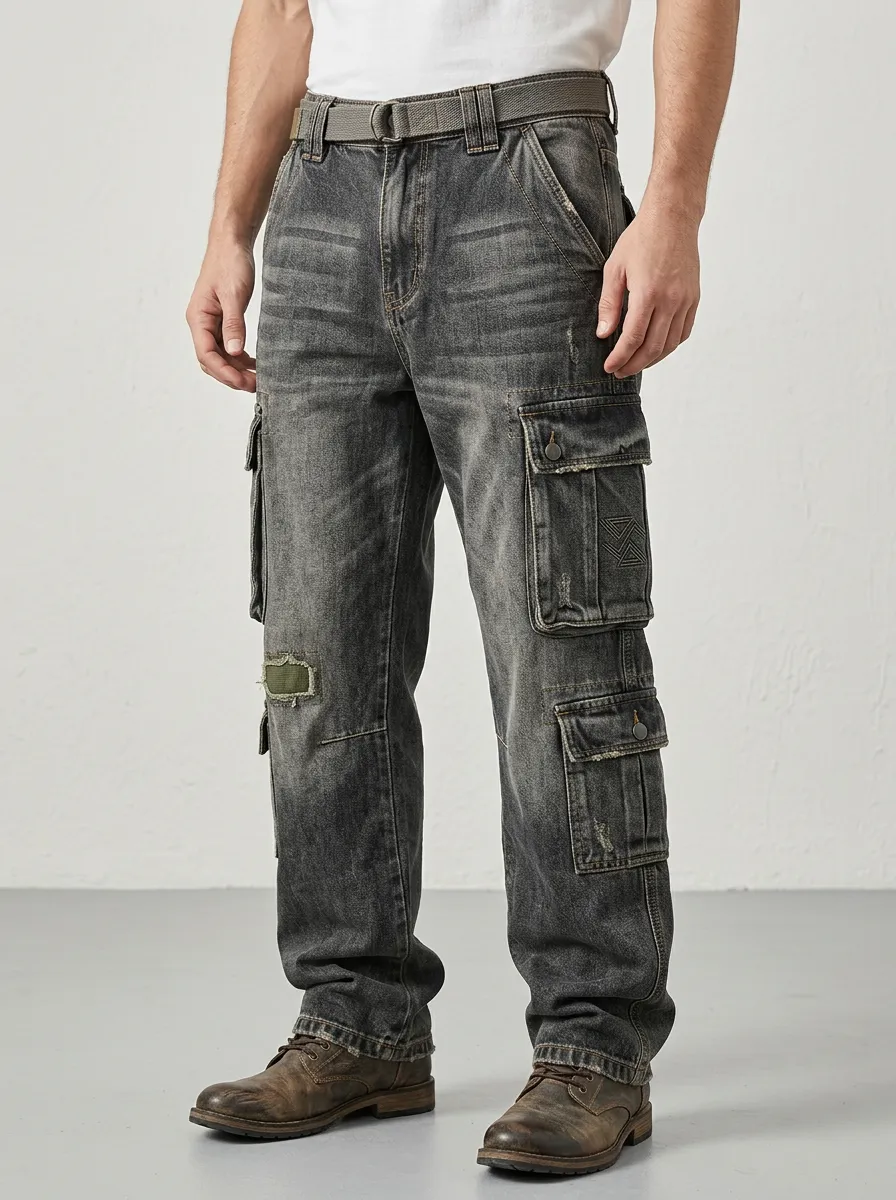 Men's Distressed Washed Grey Multi-Pocket Cargo Jeans
