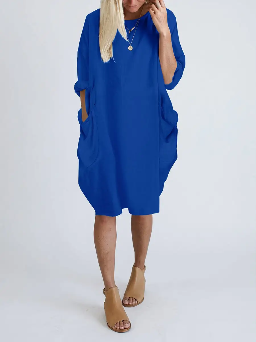 Refined Long Sleeve Relaxed Pocket Solid Color Round Neck Mini Dress