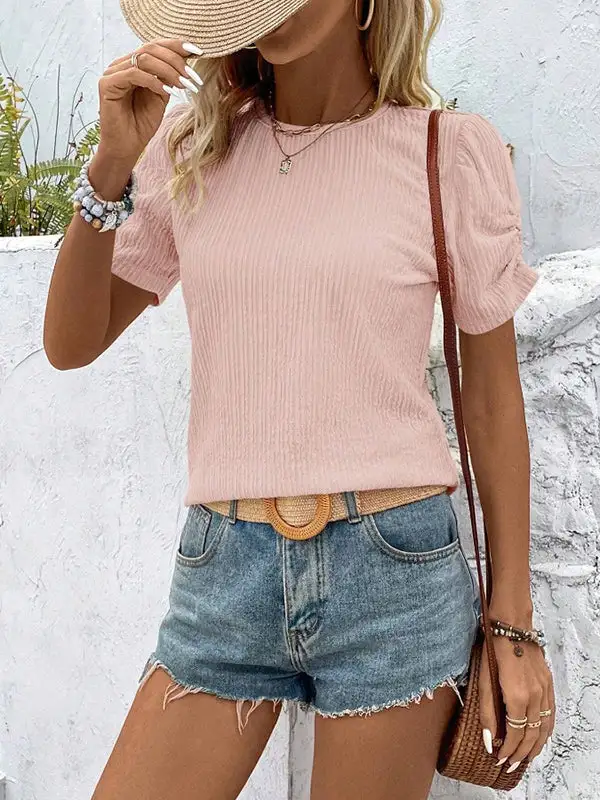 Relaxed Short Sleeve Pleat Detail Round Neck T-Shirt