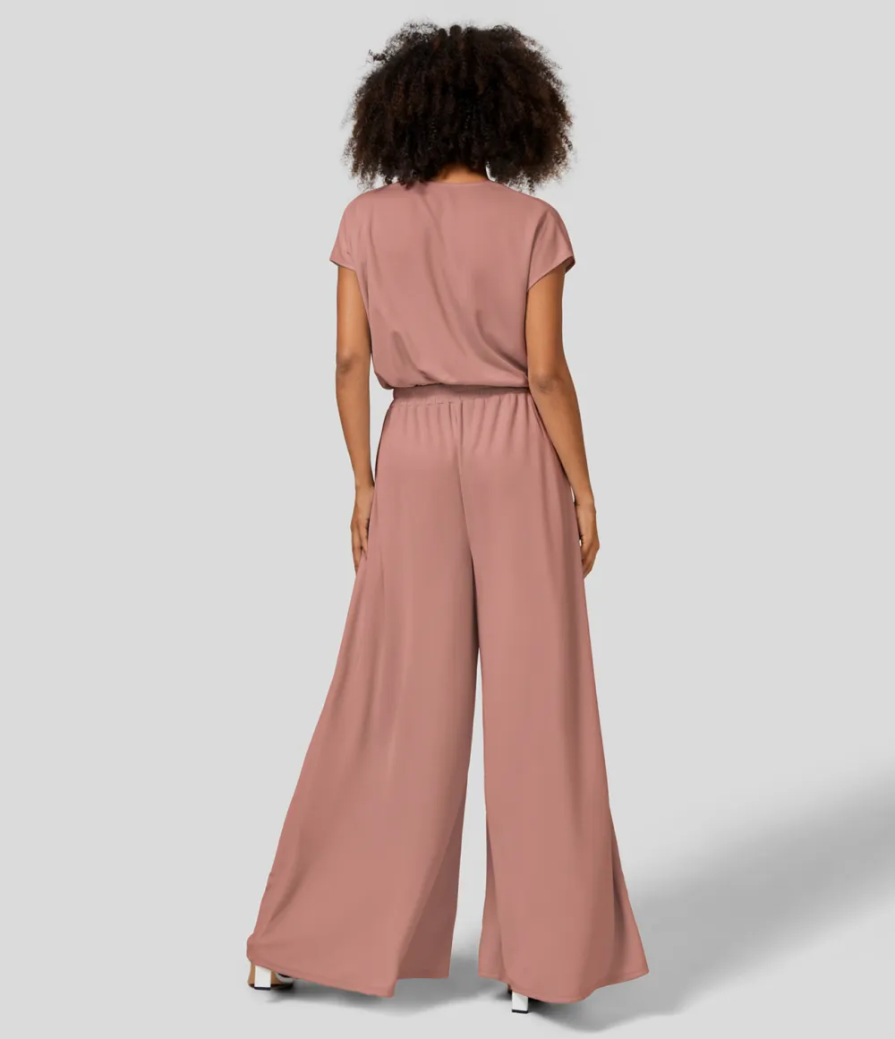 V Neck Short Sleeve Plicated Side Pocket Wide Leg Flowy Waffle Casual Jumpsuit