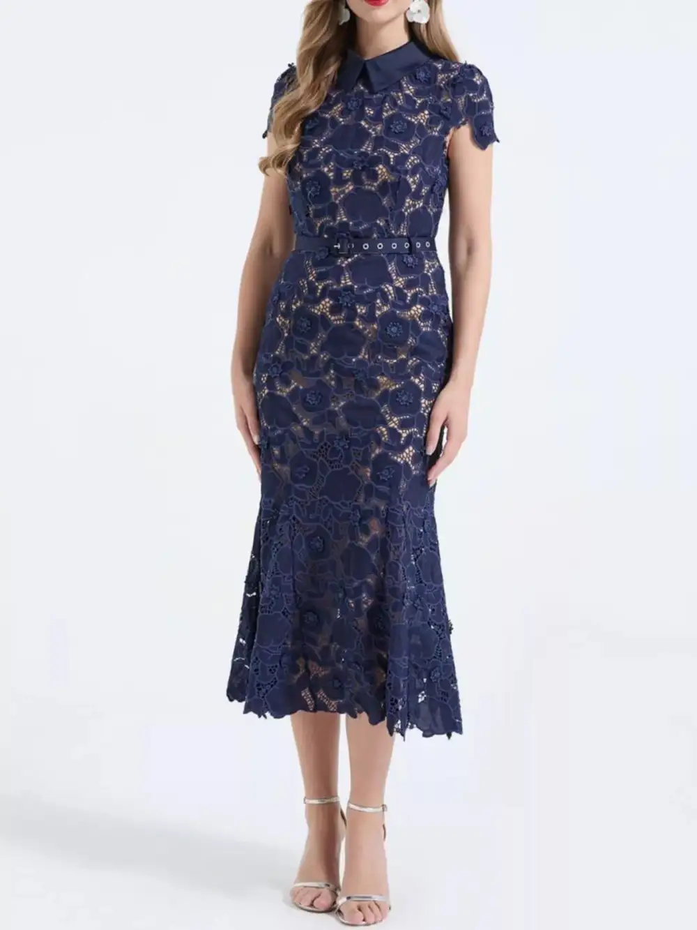 Floral Lace Short Sleeve Midi Dress