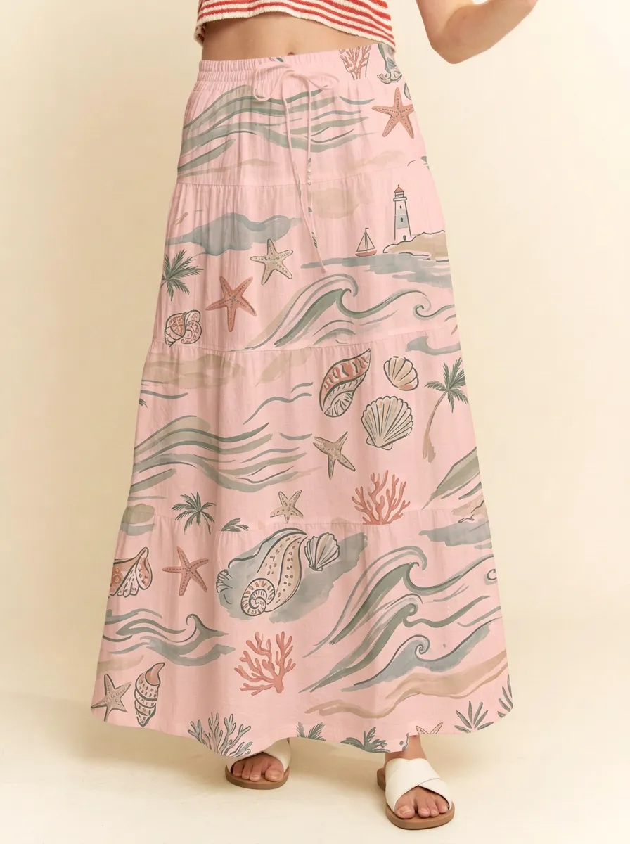 Women's Coastal Nautical Seashell Starfish Graphic Maxi Skirt