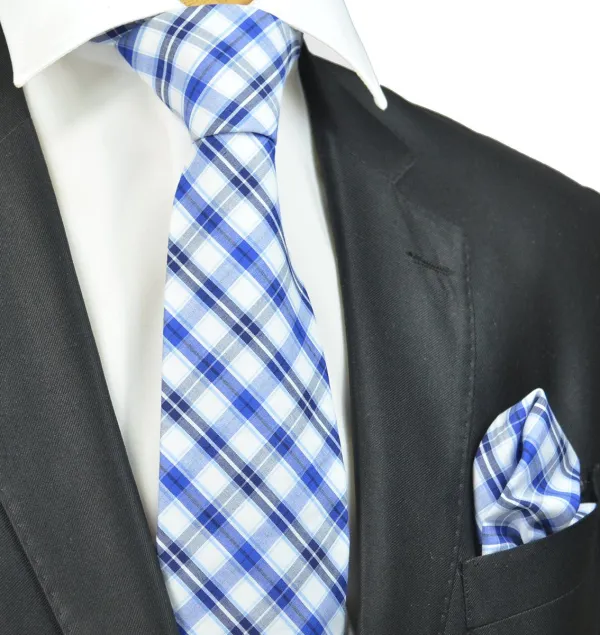Polished Cotton Plaid Men's Necktie With Pocket Square