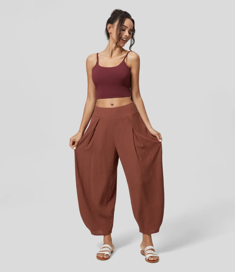 High Waisted Back Elastic Side Pocket Plicated Barrel Leg Casual Joggers