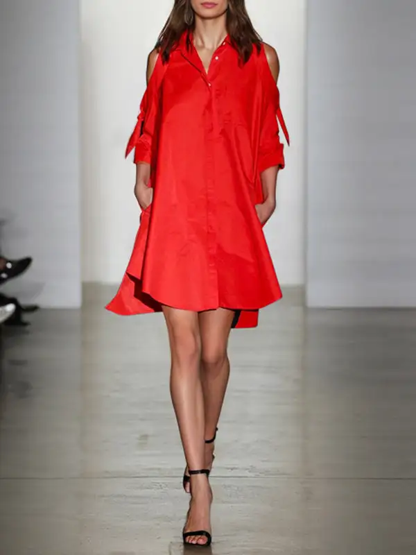 Relaxed Solid Color Split Joint Cold Shoulder Mini Dress Shirt Dress