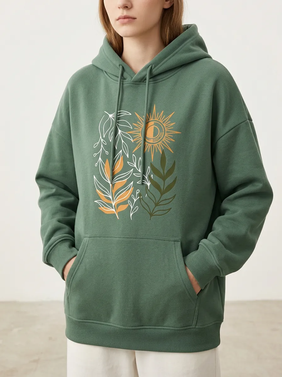 Unisex Boho Sun and Botanical Leaves Hoodie
