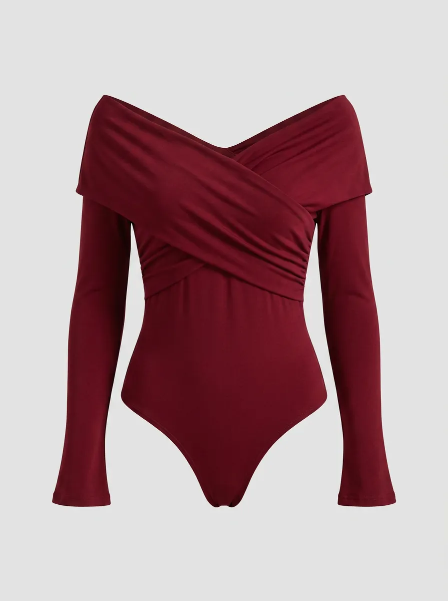 Women's Burgundy Off-Shoulder Cross-Wrap Long Sleeve Bodysuit