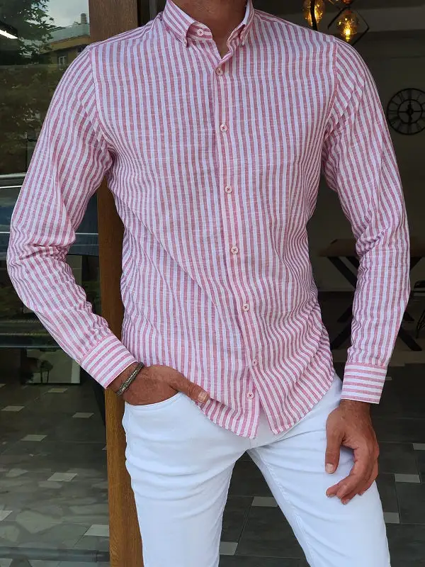 Casual Long Sleeve Slim Fit Striped Cotton Casual Shirt