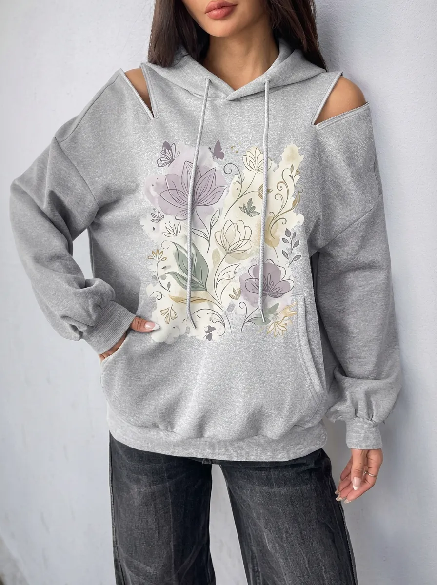Women's Floral Butterfly Botanical Printed Cold Shoulder Hoodie