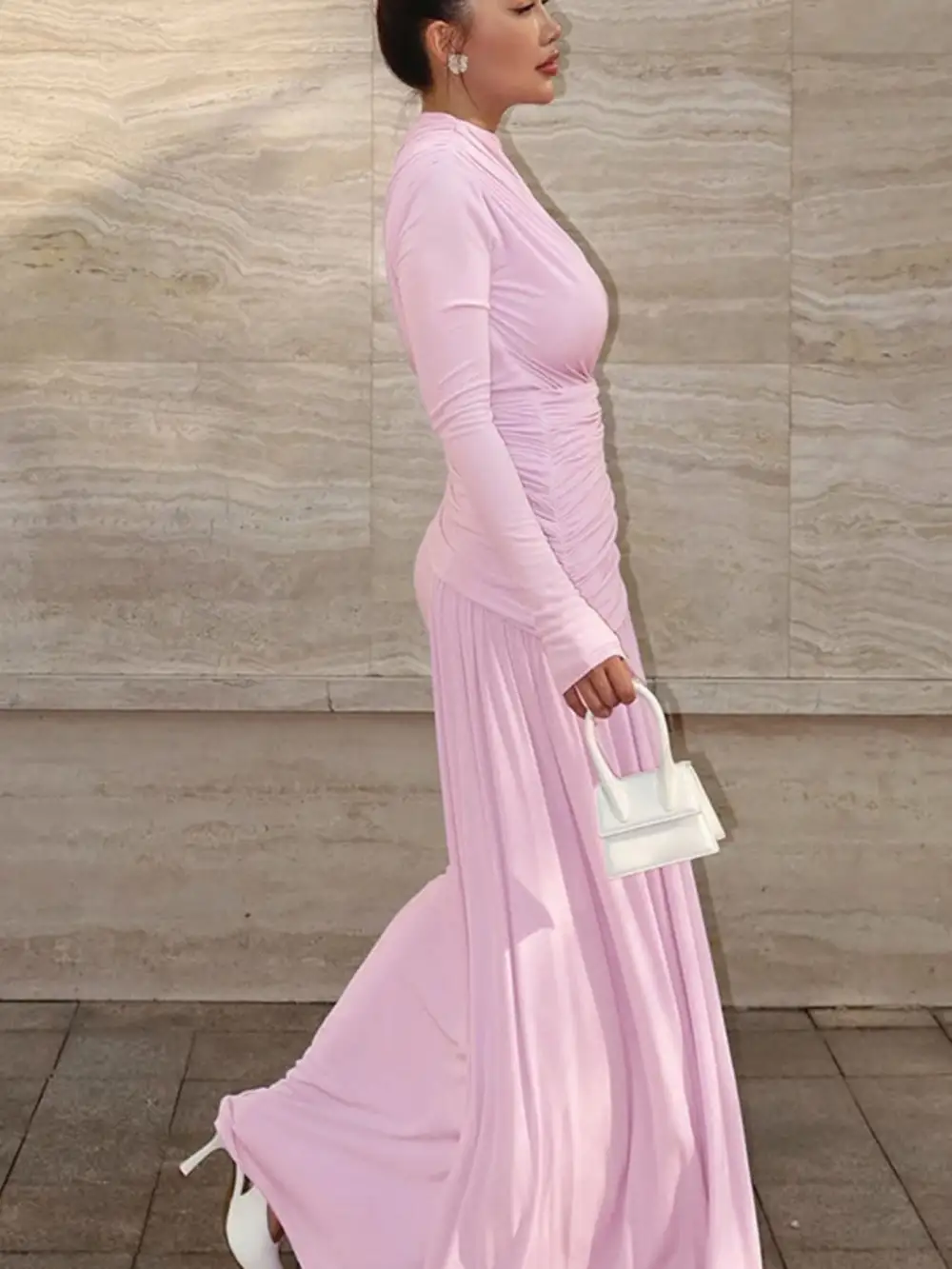 Layered Detail Ruched Long Sleeve Maxi Dress