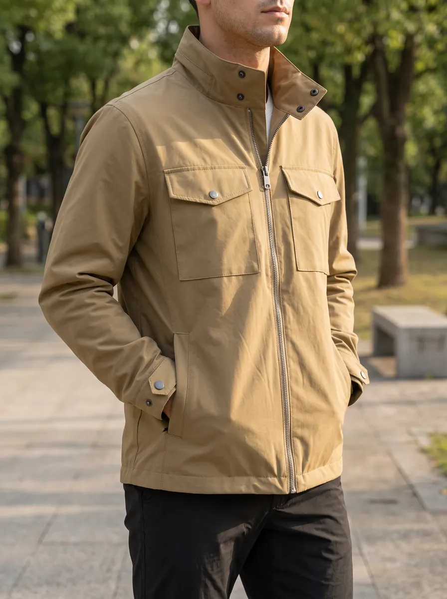 Men's Khaki Utility Stand Collar Waterproof Jacket
