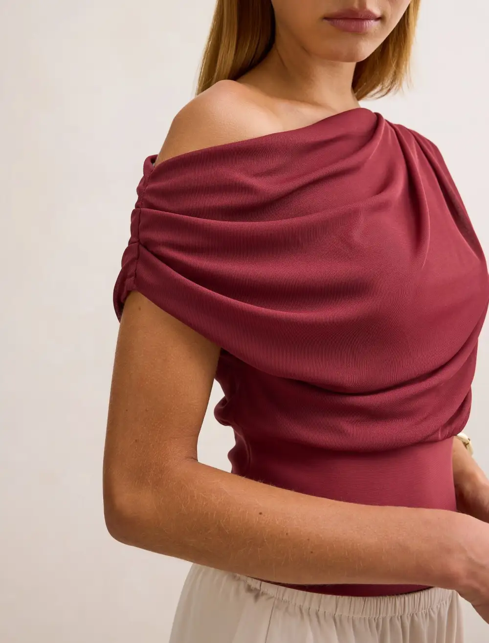 Burgundy Off-Shoulder Ruched Mesh Top
