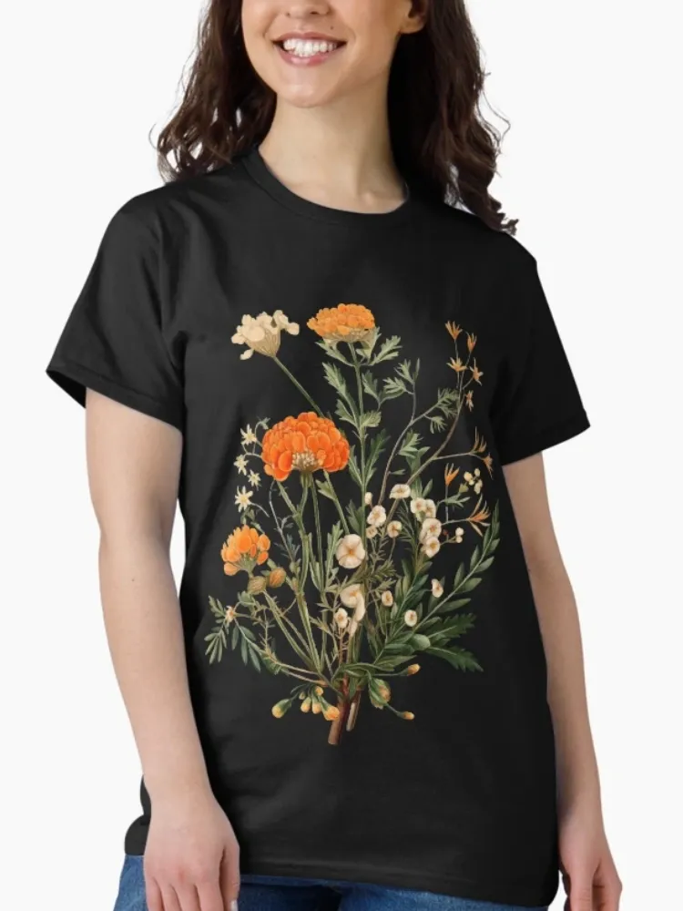 Women's Vintage-Themed Floral Print Crew Neck Short-Sleeve T-Shirt