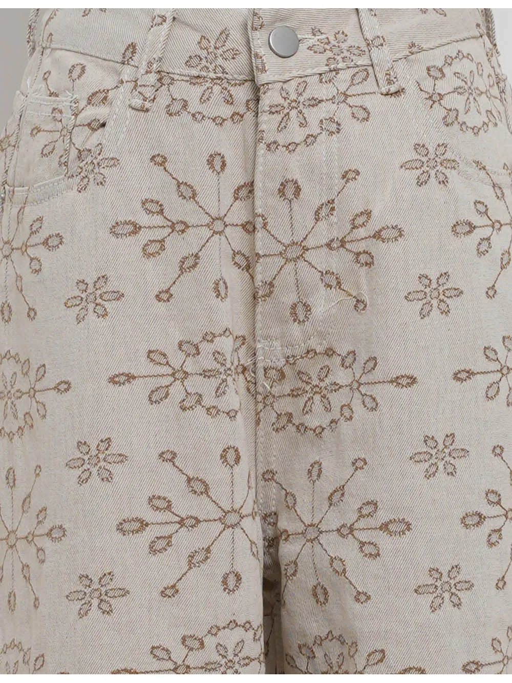 Geometric Jacquard Button Front Wide Leg Denim Pants