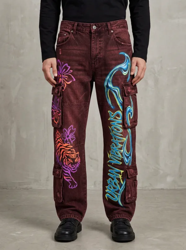 Men's Tiger Floral Flame Graphic Cargo Jeans