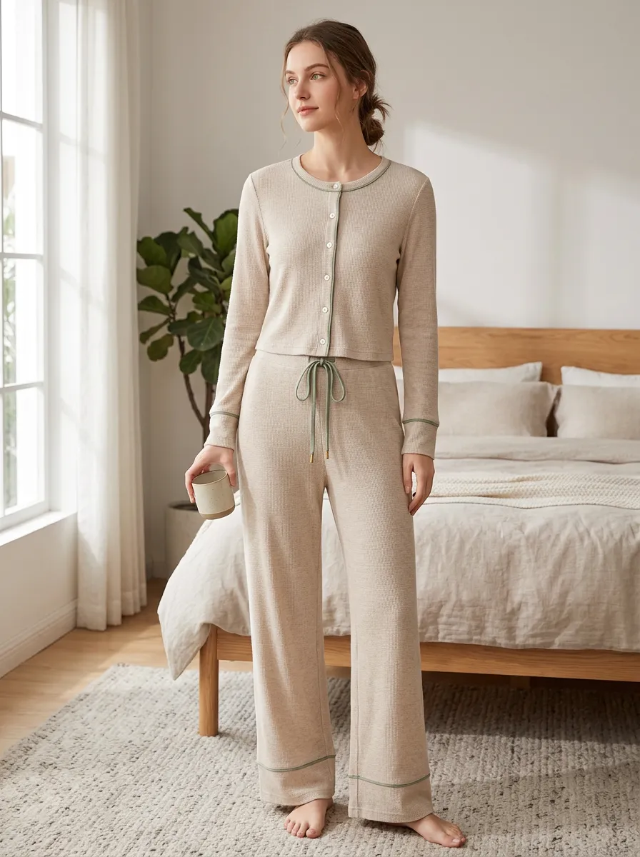 Women's Casual Beige Waffle Knit Button-Down Loungewear Set