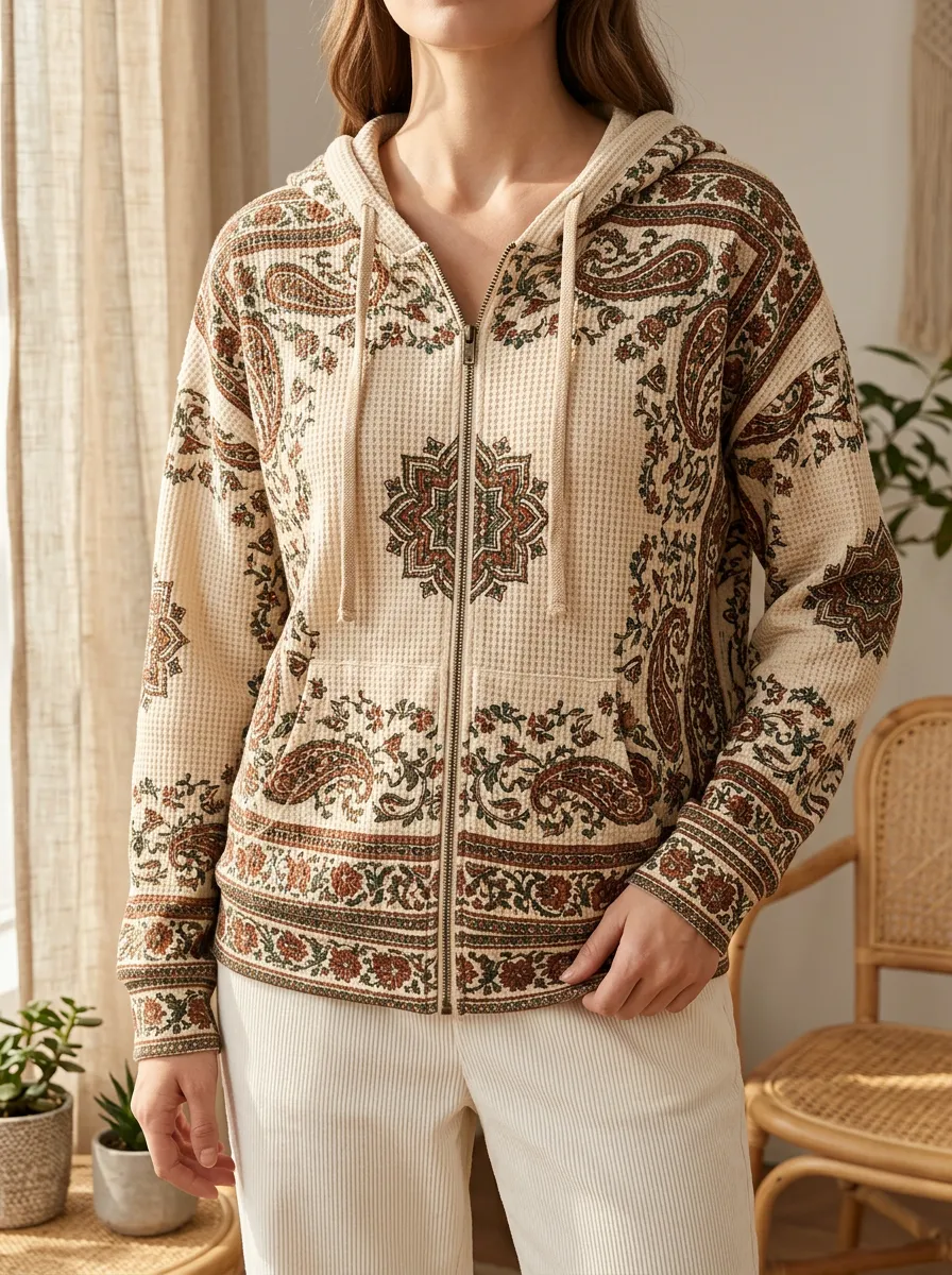 Women's Boho Paisley Floral Waffle Knit Zip Up Hoodie