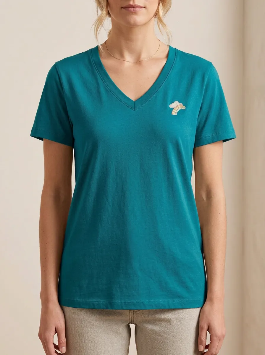 Women's Minimalist Rainbow & Cloud Embroidered V-Neck T-Shirt