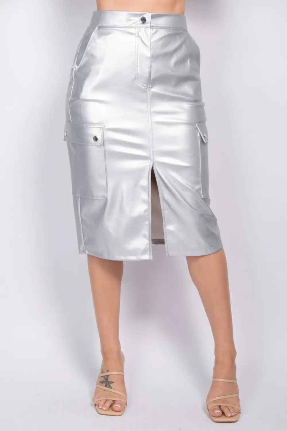 Button Front Faux Leather Skirt
