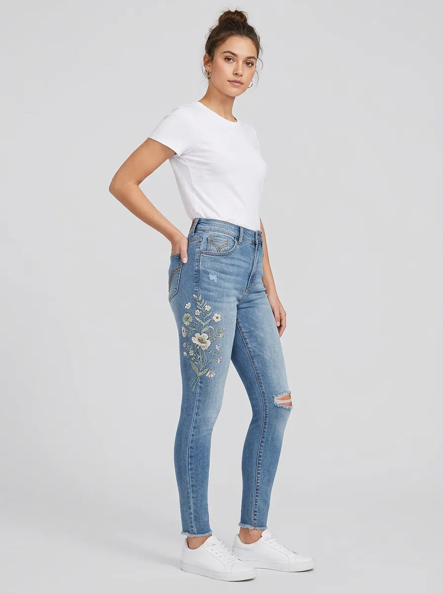 Women's Harbor Floral Botanical Embroidered Graphic Slim Jeans