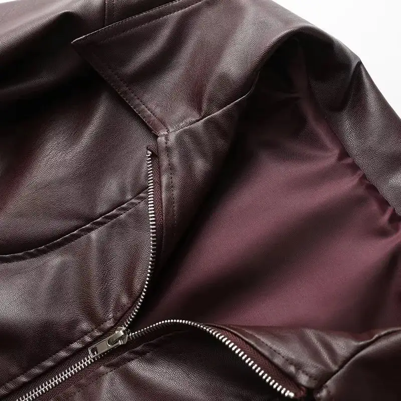 Faux Leather Shirt Collar Elastic Hem Bomber Jacket
