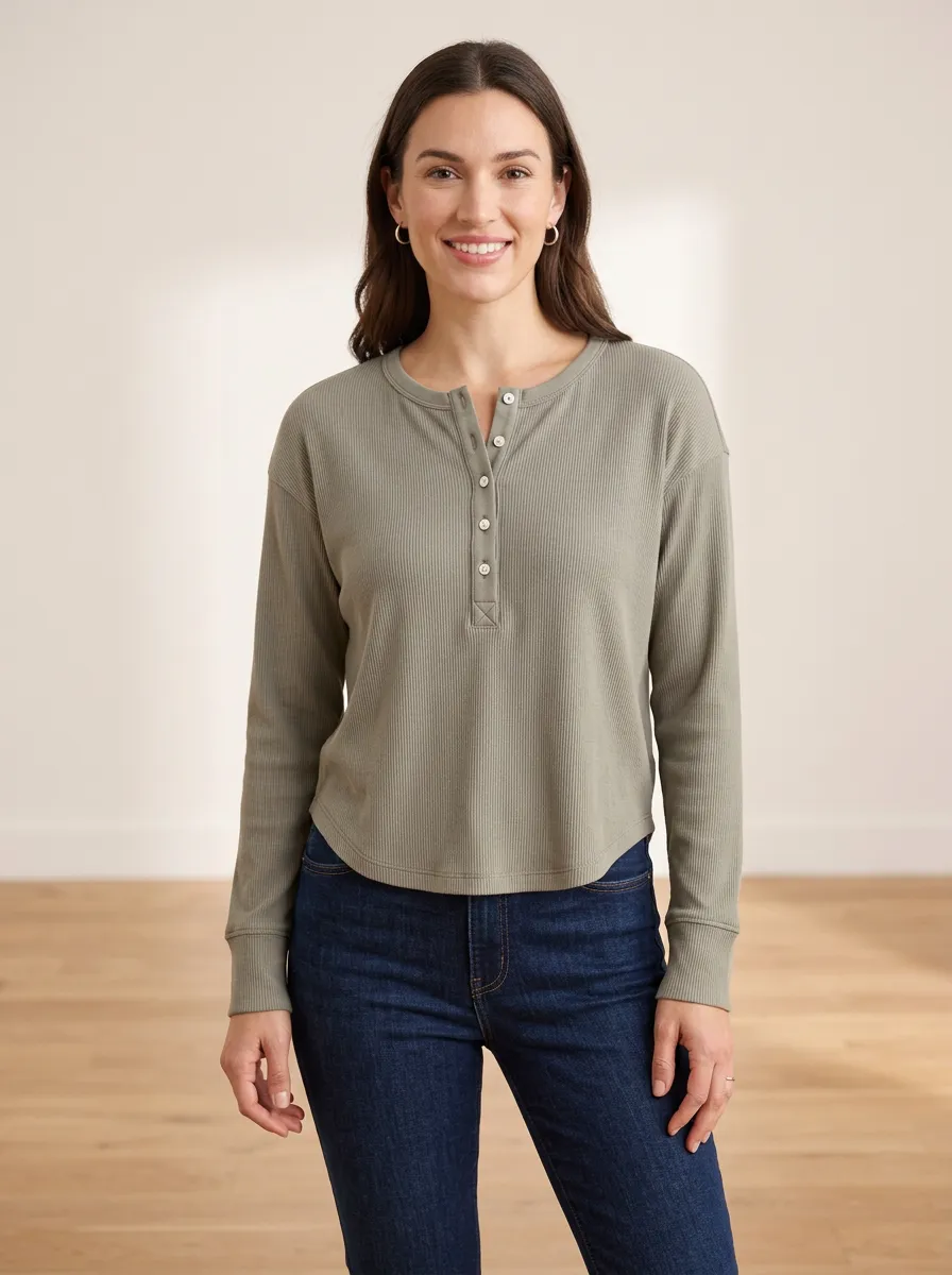 Women's Sage Green Ribbed Long Sleeve Button Henley Shirt