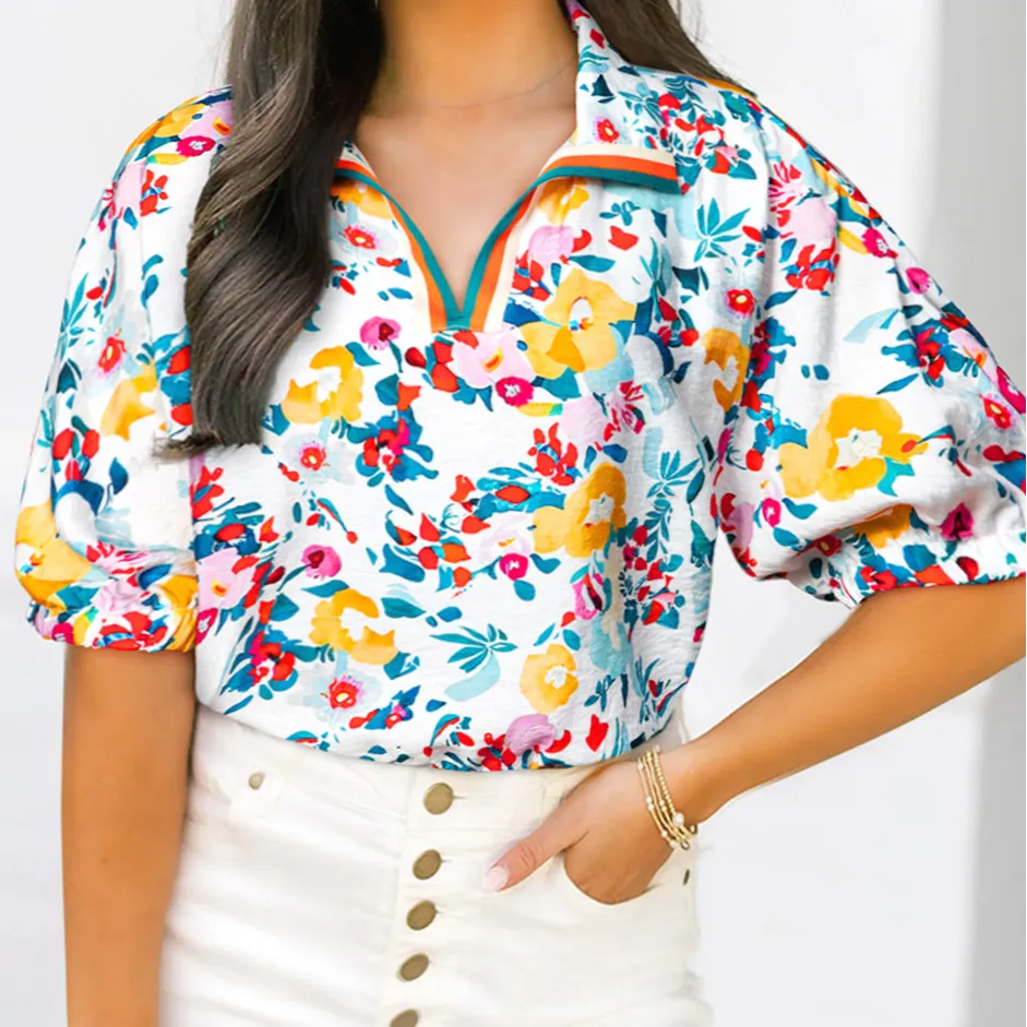 Softly Styled Floral V-Neck Short Sleeve Blouse