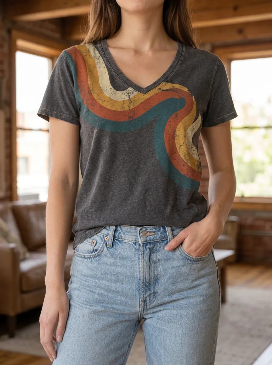 Women's Retro Retro 70s Style Wavy Stripe V-Neck T-Shirt