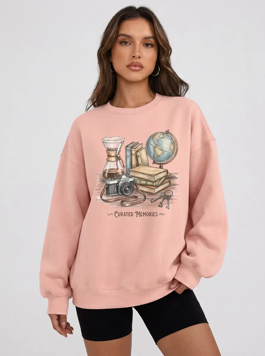Women's Travel Book Globe Camera Graphic Sweatshirt