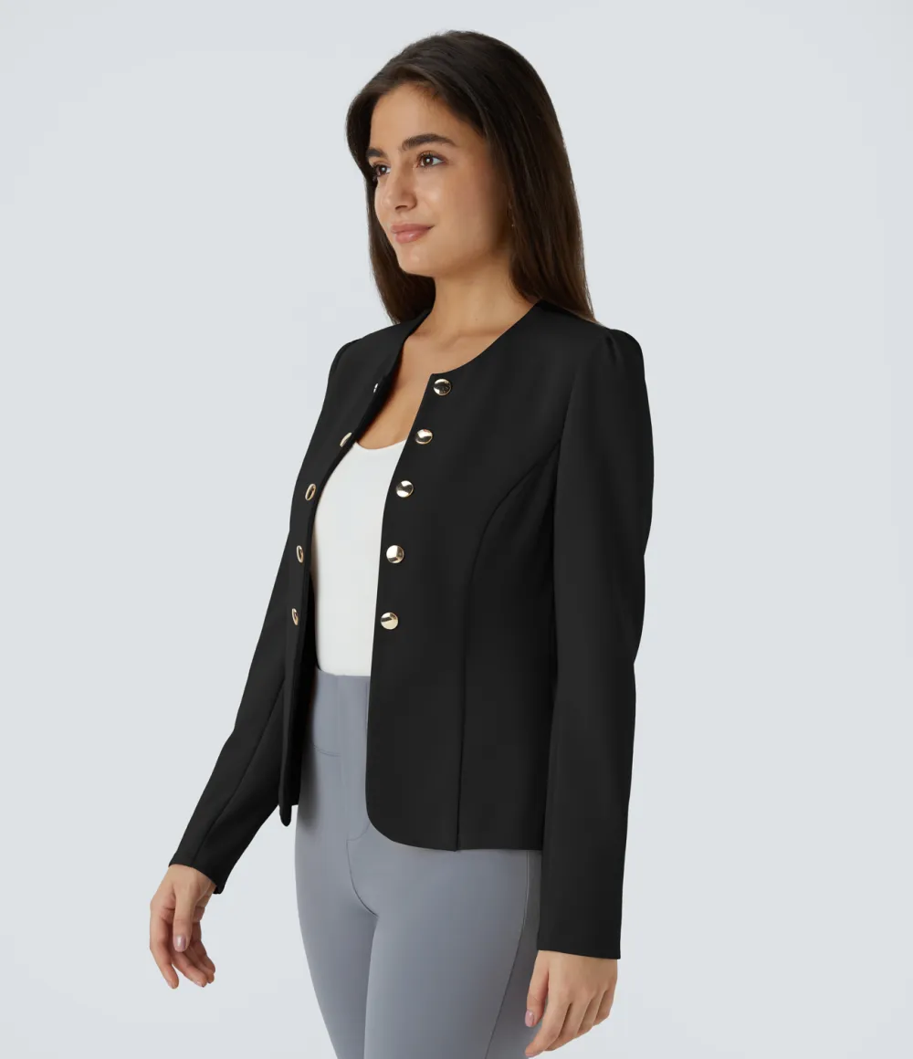 Round Neck Long Sleeve Decorative Buttons Slim Work Jacket