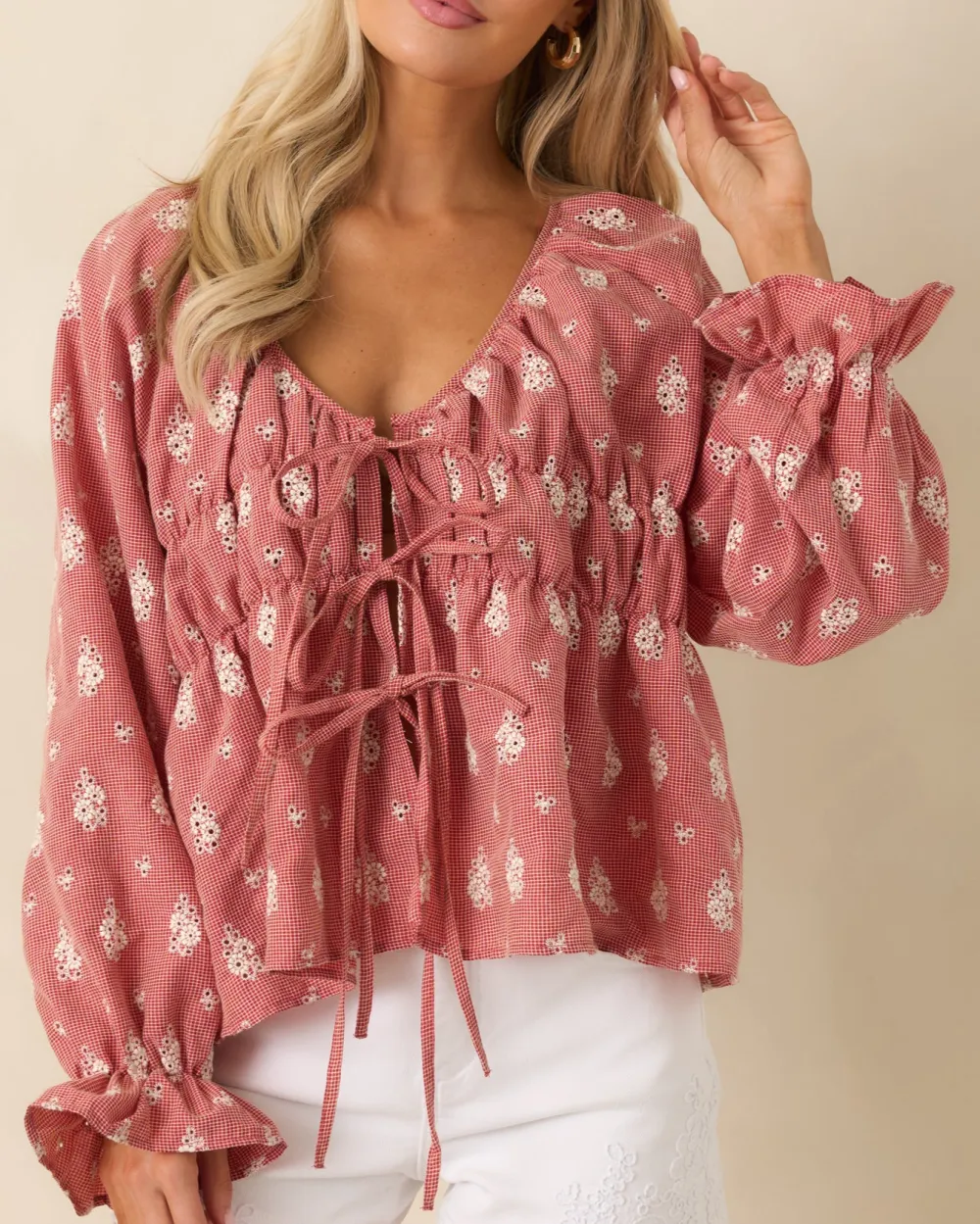 Long-Sleeve Tie-Front Floral-Print Cotton Blouse