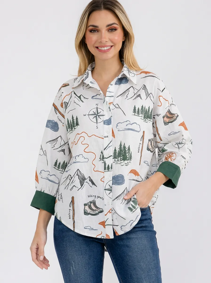 Women's Hiking Adventure Mountain Compass Printed Button-up Shirt
