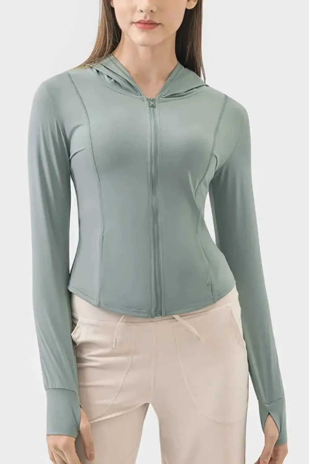 Pocketed Zip-Up Hooded Long Sleeve Active Outerwear
