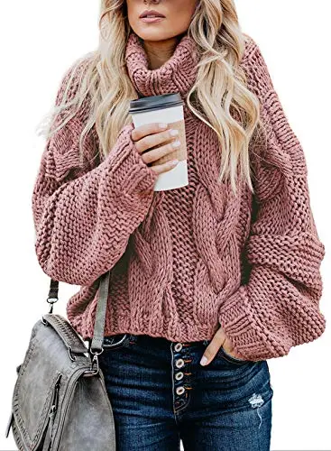 Womens Turtle Cowl Neck Solid Color Soft Comfy Cable Knit Pullover Sweaters S-2XL