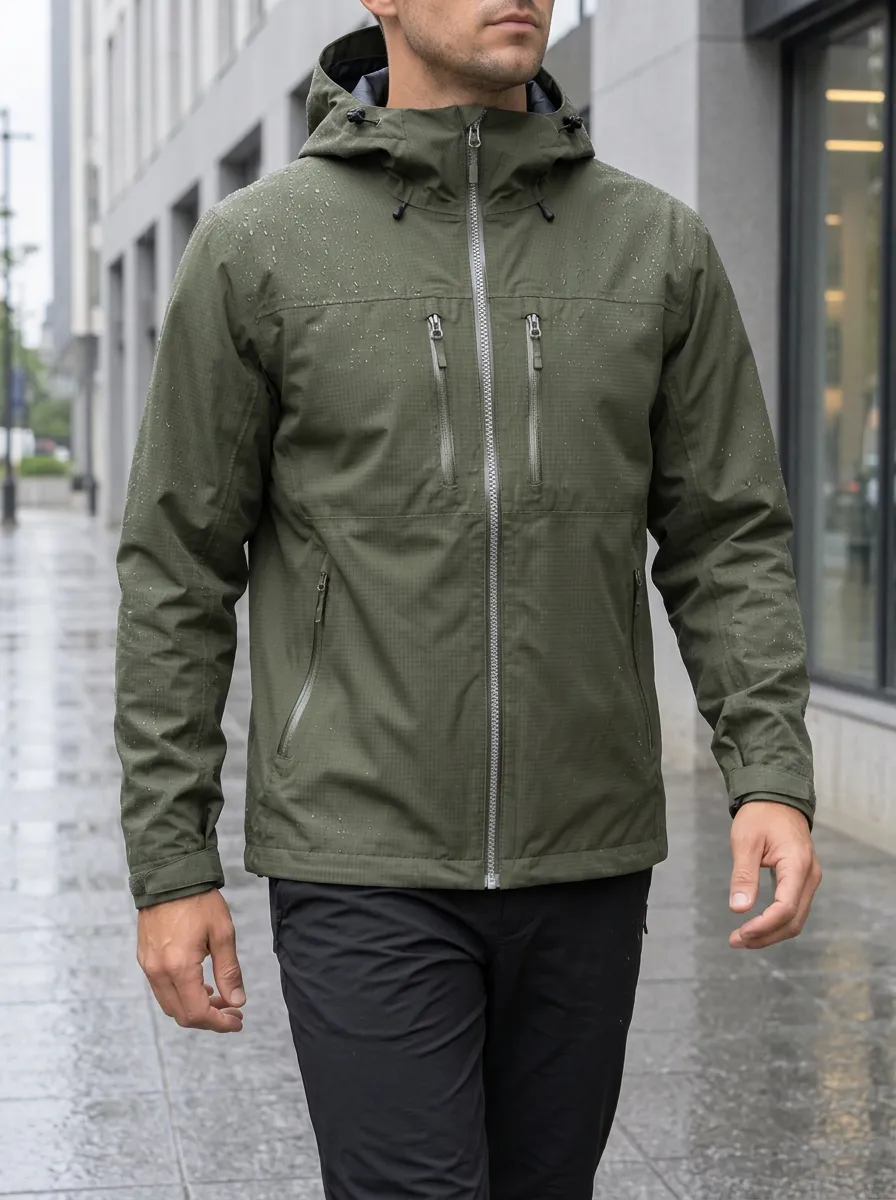Men's Olive Green Waterproof Hooded Jacket with a Hood and a Chest Pocket
