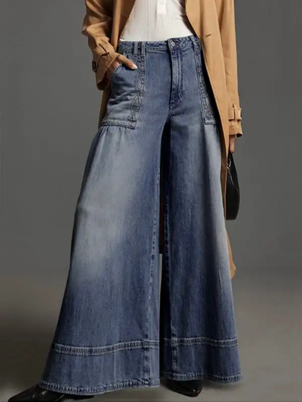 Minimal Wide Leg Seamed Button Detail Zip Detail Pocket Jeans
