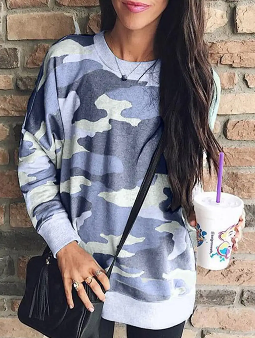 Camouflage Print Crew Neck Long-Sleeved Top