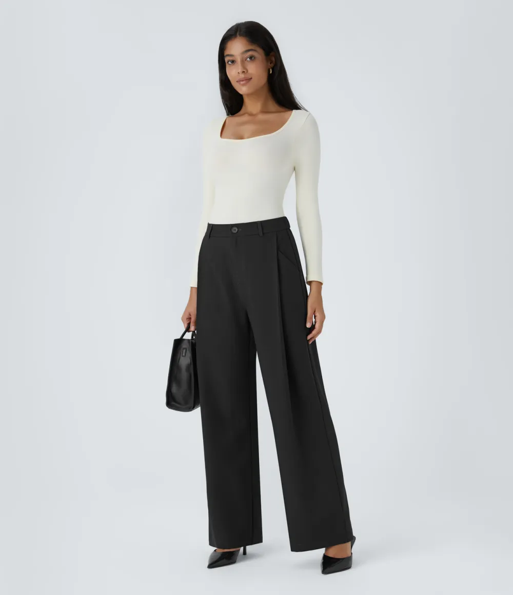 High Waisted Pleated Side Pocket Wide Leg Work Pants