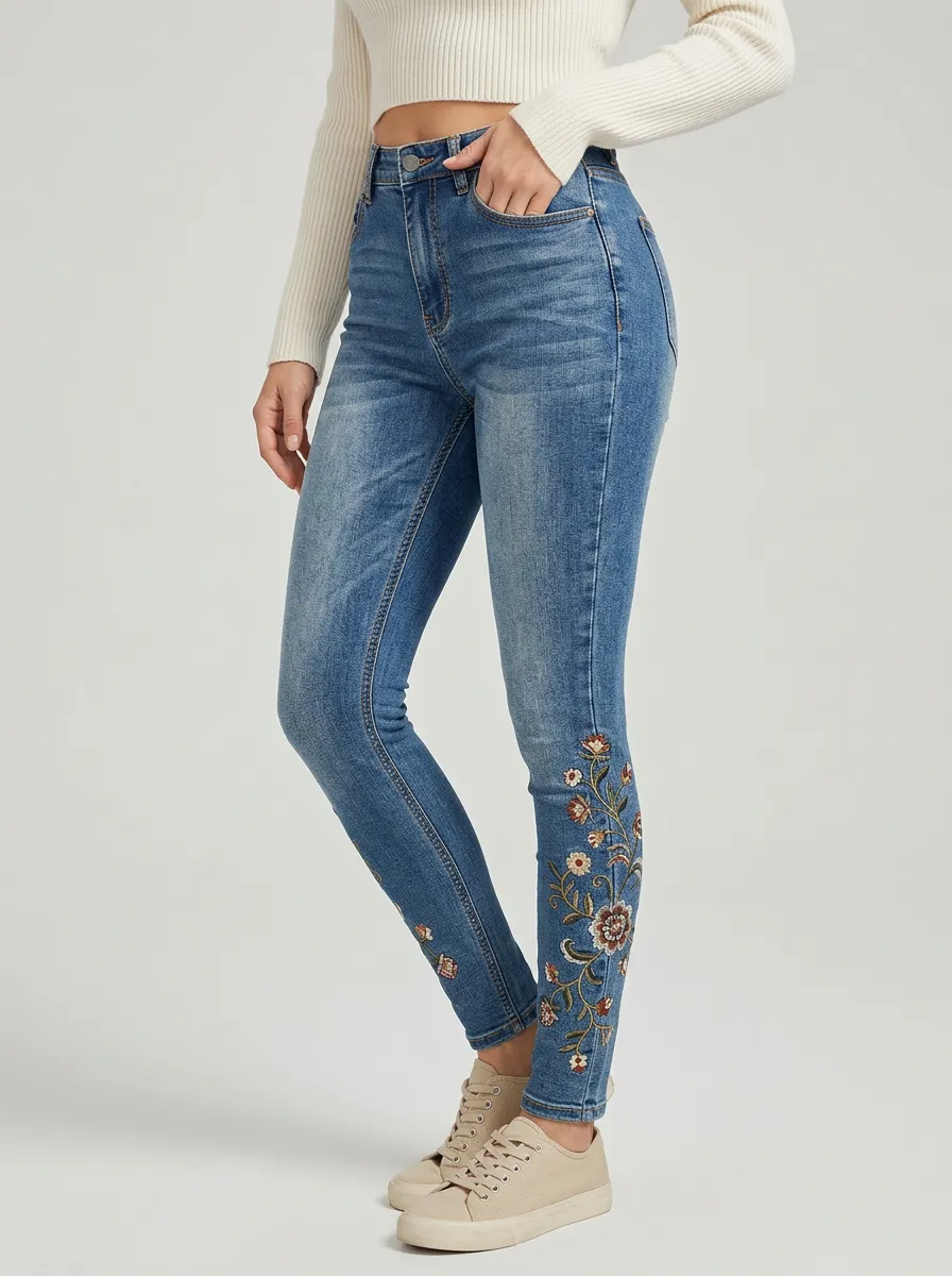Women's Ridge Floral Vintage Flower Embroidered Printed Slim Jeans