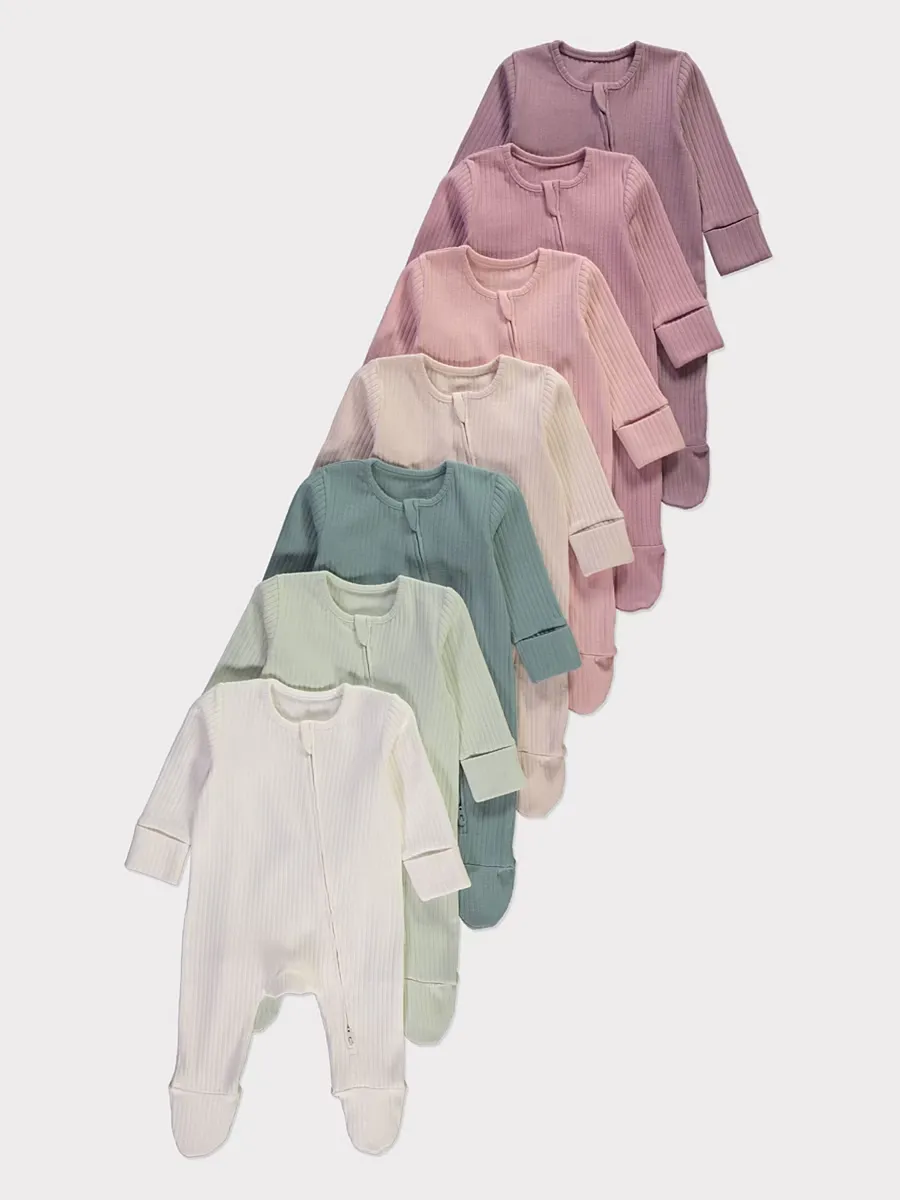 Ribbed Zip Fasten Sleepsuits 7 Pack