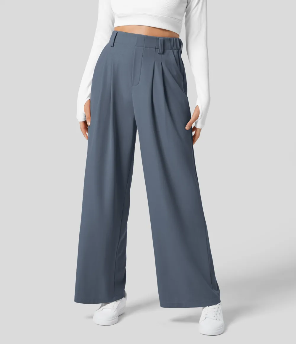 2026🔥  High Waisted Plicated Side Pocket Wide Leg Waffle Work Pants