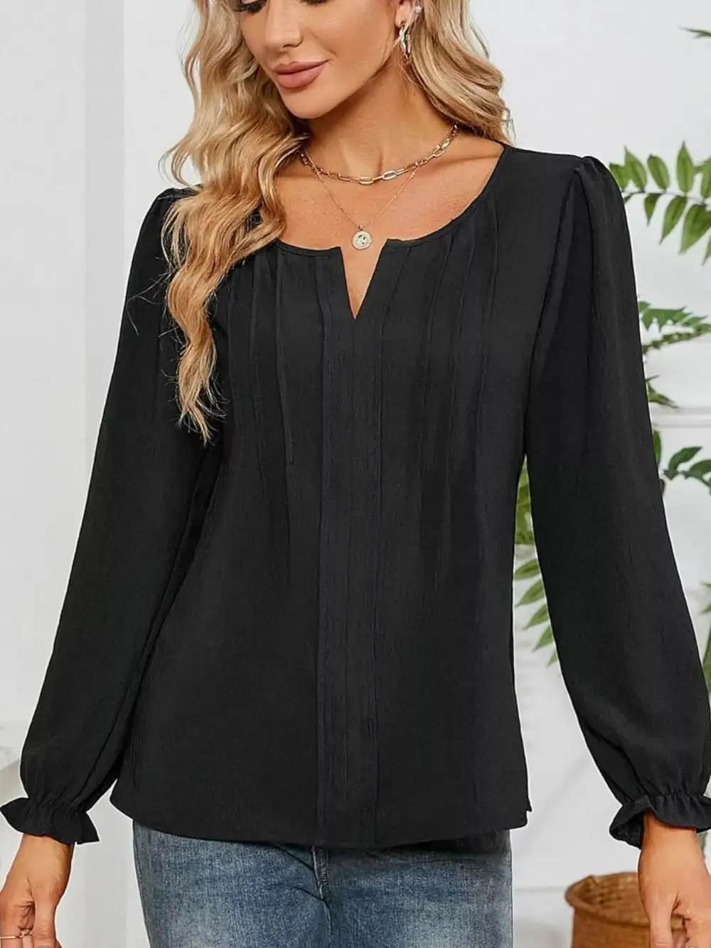 Notched-Neck Ruffle-Cuff Blouse