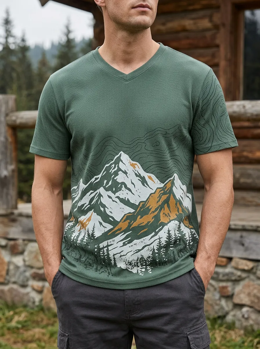 Men's Mountain Hiking Lover Topographic Printed V-Neck T-Shirt