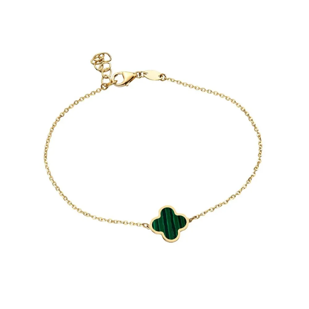 Solid Gold Single Malachite Leaf Clover Bracelet