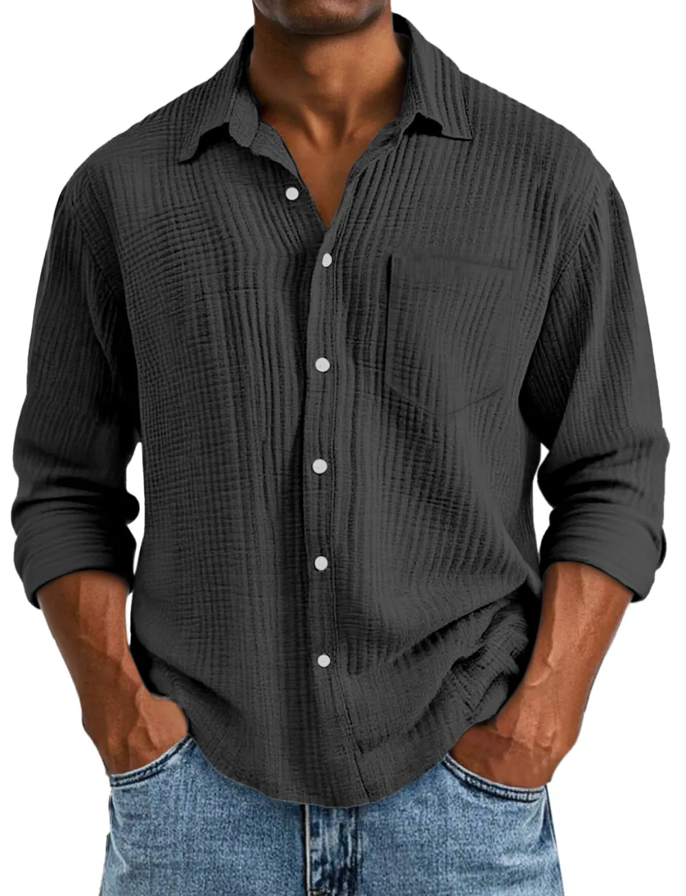 Long Sleeve Open Collar Pleated Front Shirt