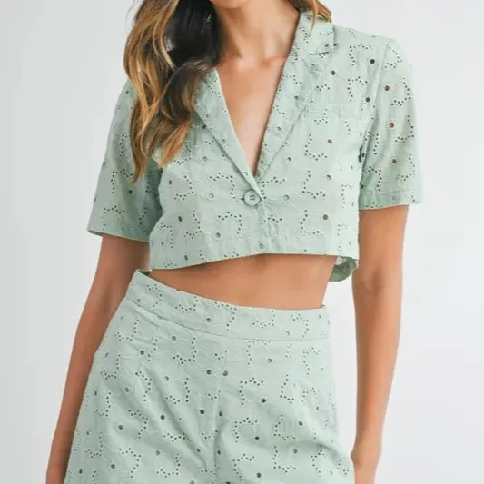 Eyelet Short Sleeve Crop Top and Shorts Set