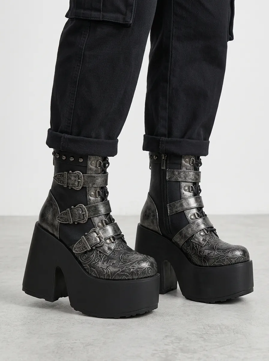Dark Bat Buckle Embossed Profile Women's Gothic Platform Boots